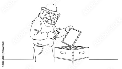 Beekeeper inspecting a beehive Continuous one line drawing Apiculture and honey production minimalist vector illustration