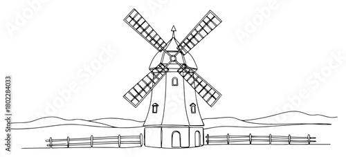 Traditional Dutch windmill in a rural landscape continuous one line drawing Vector illustration of a historic agricultural building for a travel or farming concept