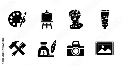 Artistic tools and symbols set: iconic black silhouette design for creative applications