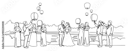 One continuous line drawing of a wedding party releasing sky lanterns Bride groom and guests celebrating romantic moment in one line art style vector illustration