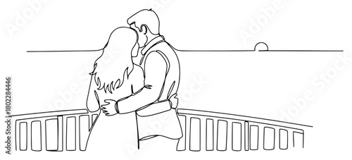 Single continuous line drawing of a romantic couple hugging on a balcony watching the sunset over the sea Honeymoon vacation one line art vector illustration