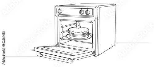 Cake baking in an open oven Continuous one line drawing Homemade dessert preparation minimalist vector illustration