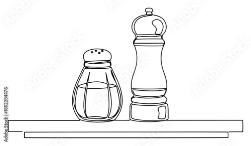 Salt and pepper shakers on a shelf Continuous one line drawing Kitchen seasoning tools minimalist vector illustration