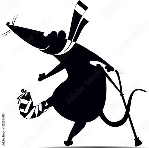 Happy to be healthy. Cartoon mouse or rat with a bandage on the leg and a crutch