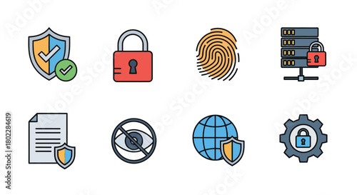 Cyber security icons set: flat design for network protection and data privacy