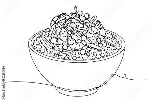 Spanish paella with seafood one continuous line drawing. Traditional food vector art.