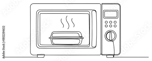 Microwave oven heating food continuous one line drawing Vector illustration of a kitchen appliance for a home cooking or technology concept