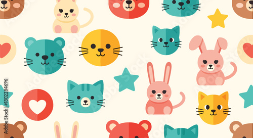 Flat vector seamless kids pattern of cute baby animals with stars and hearts in vivid solid colors. Ideal for children’s wallpapers, fabrics, gift wraps, and playful backgrounds