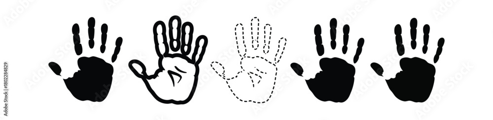 Obraz premium Five Handprints Illustration, Black Solid and Outline Designs on Transparent Background