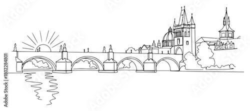 One continuous line drawing of Charles Bridge in Prague at sunrise Famous European landmark in one line art style vector illustration