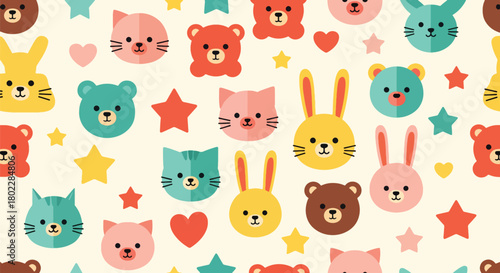 Flat vector seamless kids pattern of cute baby animals with stars and hearts in vivid solid colors. Ideal for children’s wallpapers, fabrics, gift wraps, and playful backgrounds