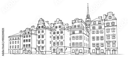 Single continuous line drawing of the colorful houses of Gamla Stan in Stockholm Famous Swedish old town landmark in one line art style vector illustration