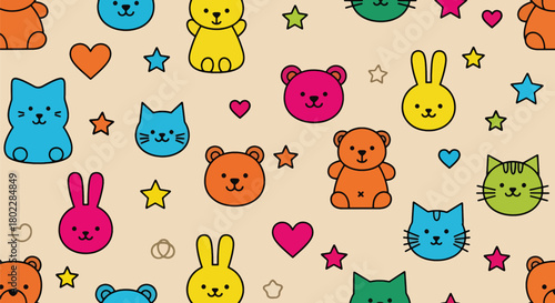 Flat vector seamless kids pattern of cute baby animals with stars and hearts in vivid solid colors. Ideal for children’s wallpapers, fabrics, gift wraps, and playful backgrounds