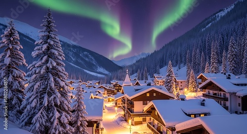 Winter village with aurora borealis and snow covered roofs