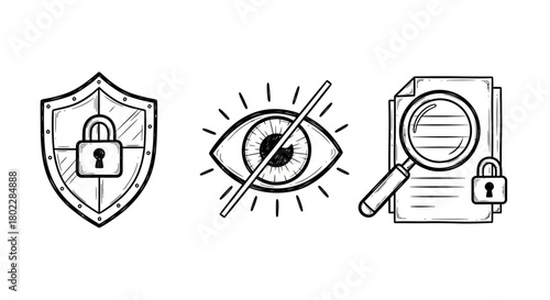 Security and privacy icons: shield, eye, and document with magnifying glass