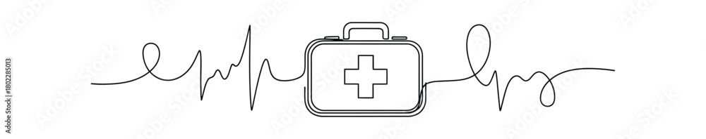 Fototapeta premium First Aid Kit with EKG Line Heartbeat in Outline on Transparent Background