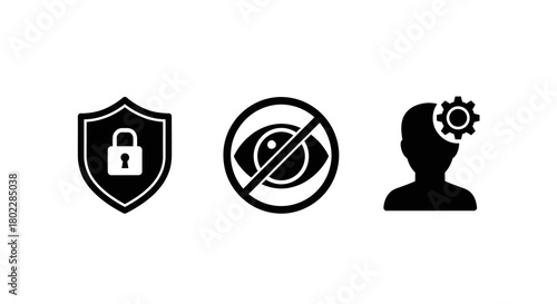 Privacy and security icons: shield, no eye, silhouette with gear