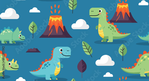 Flat vector seamless dinosaur pattern with friendly dinos, volcanoes, and leaves in bold vivid tones. Ideal for kids’ clothing, wallpapers, notebooks, and playful prints