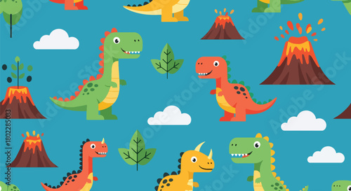 Flat vector seamless dinosaur pattern with friendly dinos, volcanoes, and leaves in bold vivid tones. Ideal for kids’ clothing, wallpapers, notebooks, and playful prints