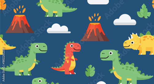 Flat vector seamless dinosaur pattern with friendly dinos, volcanoes, and leaves in bold vivid tones. Ideal for kids’ clothing, wallpapers, notebooks, and playful prints