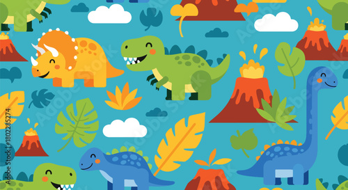 Flat vector seamless dinosaur pattern with friendly dinos, volcanoes, and leaves in bold vivid tones. Ideal for kids’ clothing, wallpapers, notebooks, and playful prints