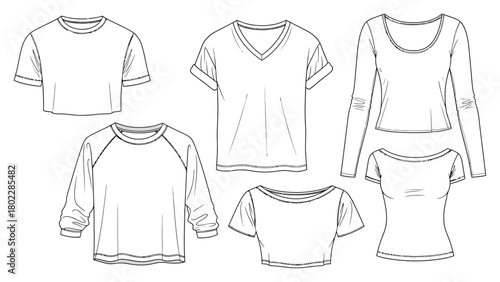 Flat Fashion Sketch Set TShirts, VNeck, Long Sleeve, Crop Top on White Layout