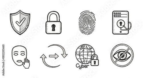 Hand-drawn security and privacy icons featuring lock, shield, and global cyber elements