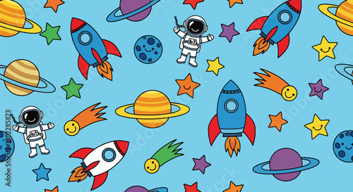 Flat vector seamless pattern with rockets, planets, stars, and astronauts in vivid colors. Ideal for kids’ bedding, notebooks, posters, gift wraps, and playful space themes
