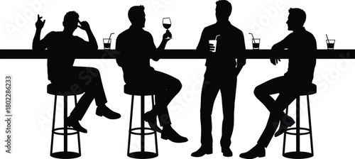 Collection of black silhouettes, group of men socializing at a bar counter, figures sitting on stools and standing, drinking wine and cocktails, isolated vector set.