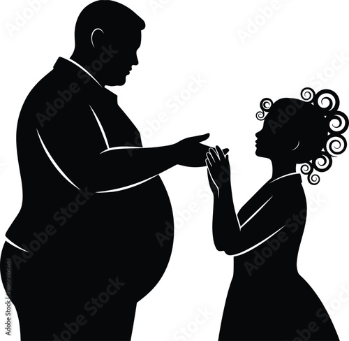 Black silhouette of a large, overweight man talking to a little girl with curly hair, father and daughter communication, isolated vector illustration.