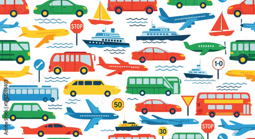 Flat vector seamless pattern with cars, planes, buses, and boats in vivid bright tones. Ideal for boys’ clothing, wallpapers, backpacks, and playful transportation themes