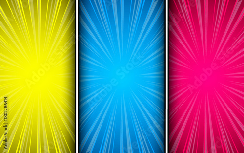 Comic page frames. Blank superhero comic book pages with radial or striped backgrounds, funny strips, different pop page compositions.