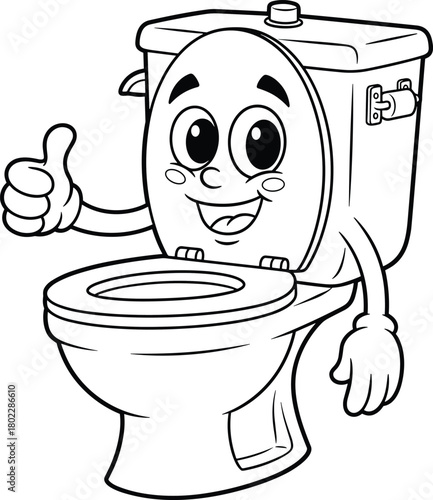 Funny cartoon toilet mascot character giving a thumbs up, black and white coloring book page, isolated vector bathroom illustration with happy face.