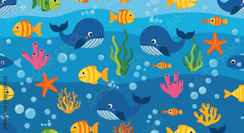 Flat vector seamless underwater pattern with whales, fish, corals, and bubbles in vivid tones. Ideal for kids’ swimwear, room décor, bedding, and cheerful ocean themes