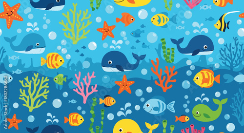 Flat vector seamless underwater pattern with whales, fish, corals, and bubbles in vivid tones. Ideal for kids’ swimwear, room décor, bedding, and cheerful ocean themes