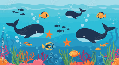 Flat vector seamless underwater pattern with whales, fish, corals, and bubbles in vivid tones. Ideal for kids’ swimwear, room décor, bedding, and cheerful ocean themes