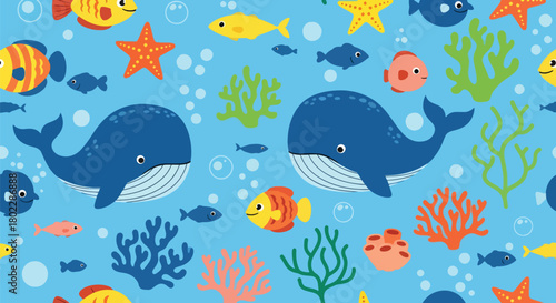 Flat vector seamless underwater pattern with whales, fish, corals, and bubbles in vivid tones. Ideal for kids’ swimwear, room décor, bedding, and cheerful ocean themes