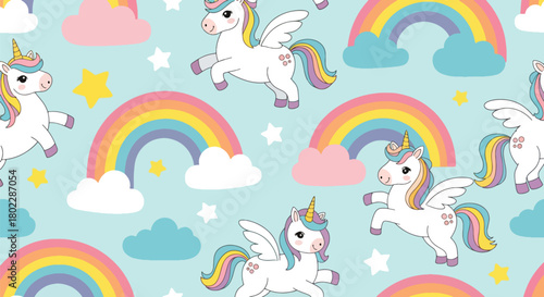Flat vector seamless unicorn pattern with rainbows, stars, and clouds in vivid pastel tones. Ideal for girls’ clothing, stationery, wallpapers, and dreamy kids’ products
