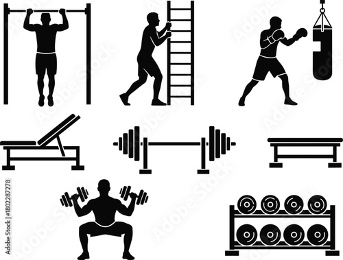Gym workout equipment and fitness training silhouette set, strength exercise icons, boxing, weightlifting, pull-ups, dumbbells, bench press, cad drawing flat vector illustration