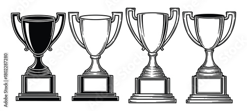 Four Outline Style Trophy Cups with Transparent Background, Awards and Achievement Icons