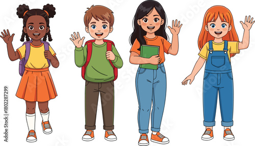 Set of happy diverse cartoon children waving hello, multicultural kids as students with backpacks and book standing, back to school vector illustration.