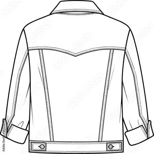 Jacket technical fashion flat illustration, denim western trucker jacket template, back view with yoke and cuffed sleeves, apparel vector drawing mockup.