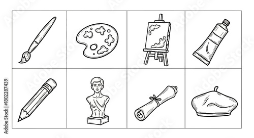 Creative art tools set with linear sketch of painting and drawing supplies