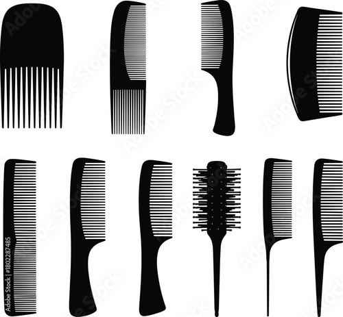 Hair comb tools silhouette set with various grooming shapes, barbershop accessories, styling comb collection, beauty supply icons, cad drawing flat vector illustration