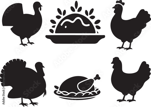 Turkey and chicken thanksgiving food icons set Vector