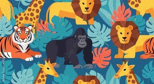 Flat vector seamless jungle safari pattern with lions, giraffes, monkeys, and leaves in vivid warm tones. Ideal for kids’ bedding, fabrics, wallpapers, and playful wild themes
