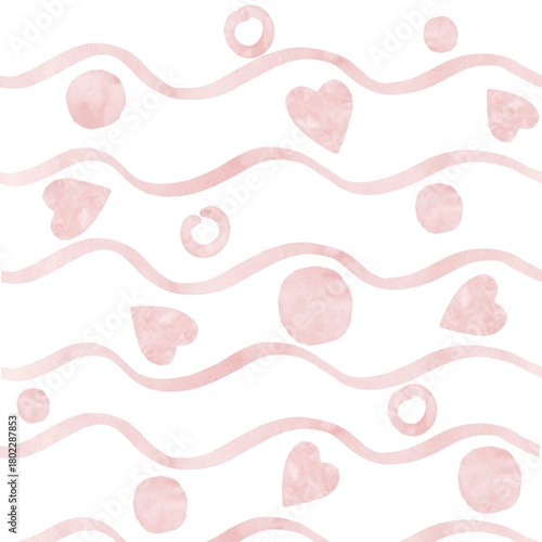 Watercolor seamless pattern of pink hearts, circles and horizontal waves. Abstract repeating hand-drawn pattern for printing on fabric, wrapping paper and other backgrounds. Simple watercolor drawings