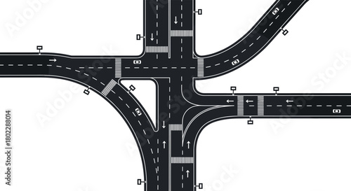 Urban road intersection map design with traffic lanes, arrows, road signs, curved streets, highway junction layout, transportation planning graphic, cad drawing flat vector illustration