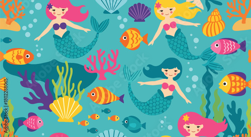 Flat vector seamless mermaid pattern with seashells, coral reefs, fish, and underwater elements in vivid colors. Ideal for girls’ décor, swimwear, fabrics, and magical themes