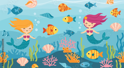 Flat vector seamless mermaid pattern with seashells, coral reefs, fish, and underwater elements in vivid colors. Ideal for girls’ décor, swimwear, fabrics, and magical themes